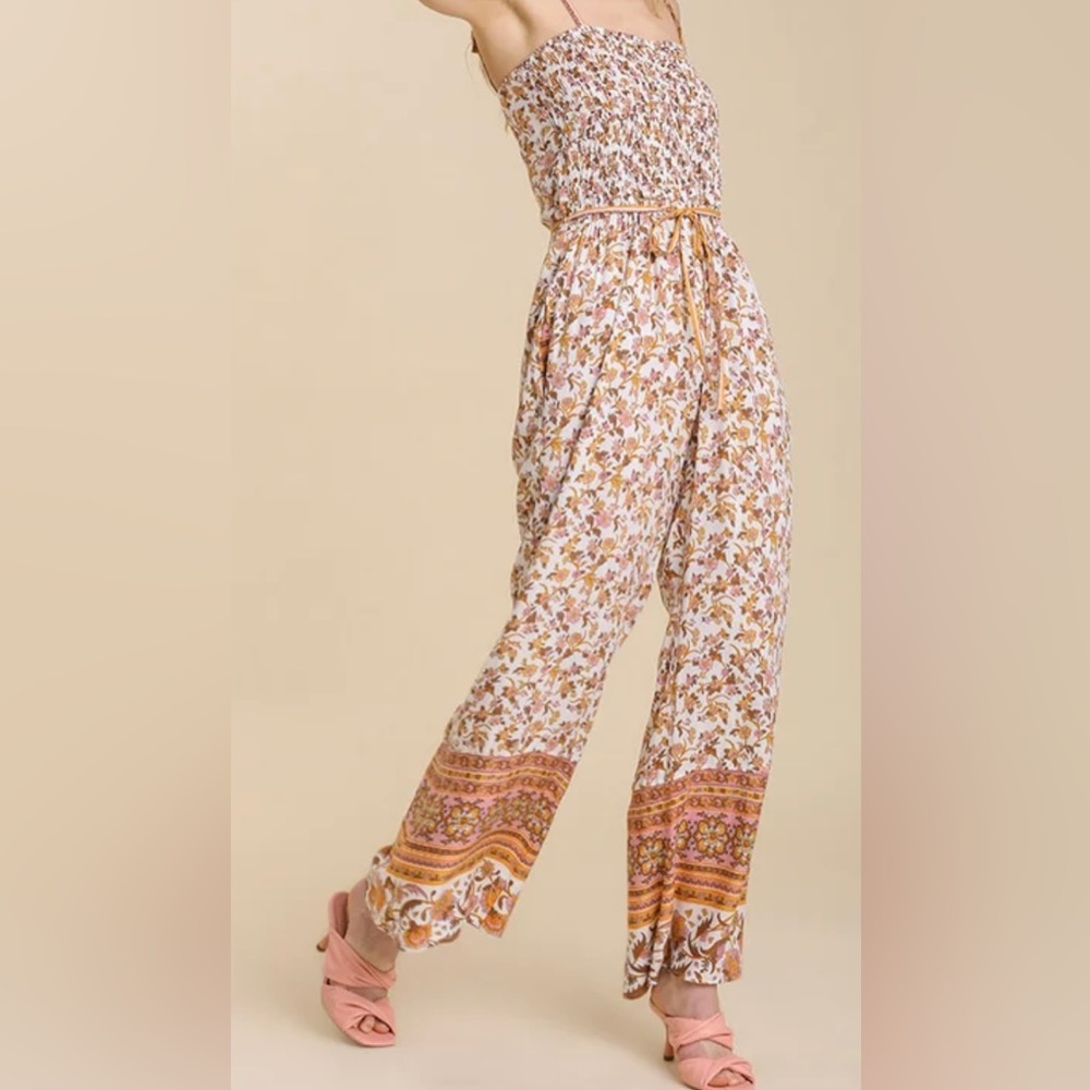 SOLD OUT- Umgee Mix Print Spaghetti Strap
Smocked Sweetheart Neckline Jumpsuit - Picture 1 of 6